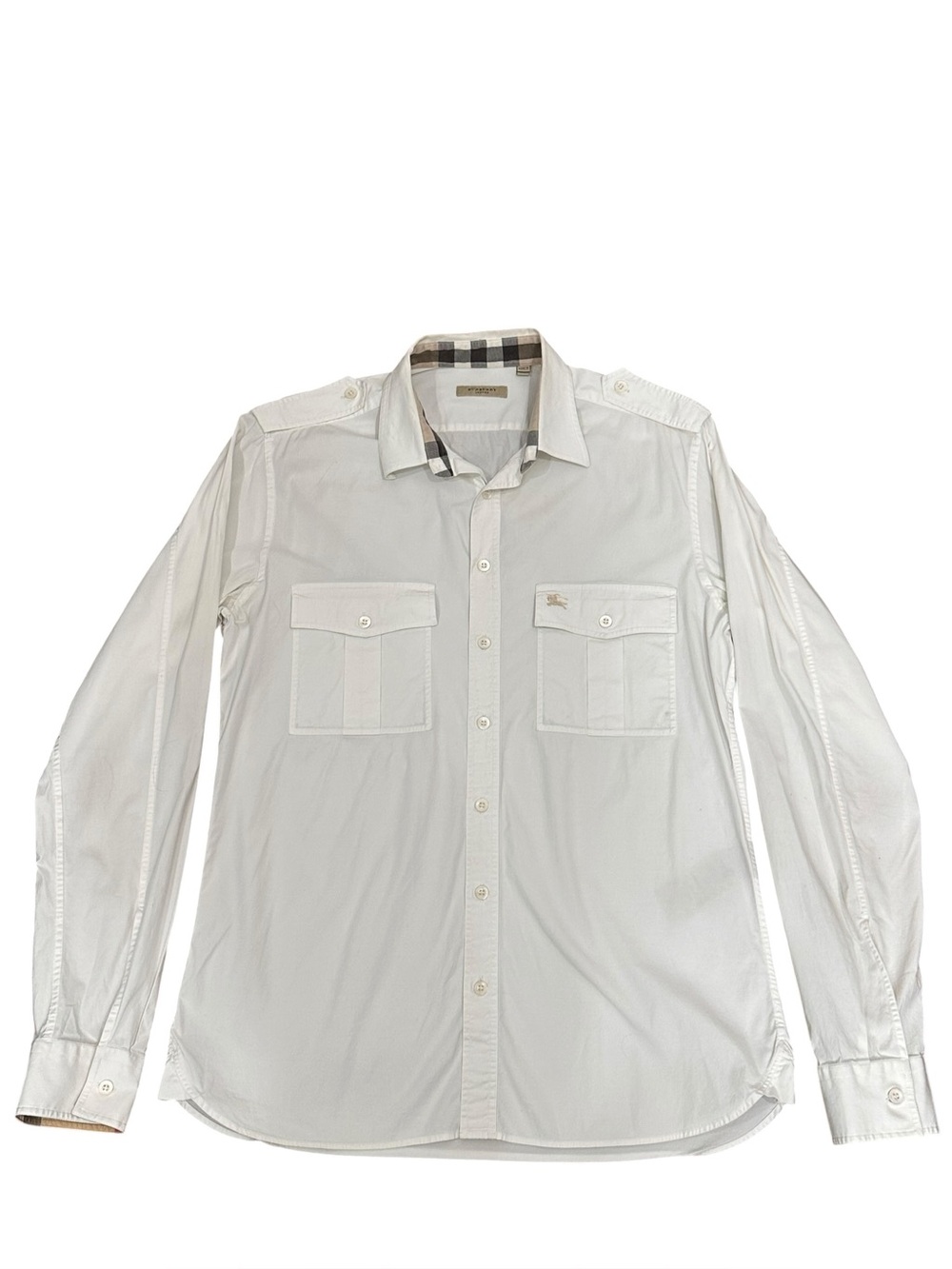 Burberry Men’s White Button-Up Shirt with Signature Check Trim. Quiet luxury. M